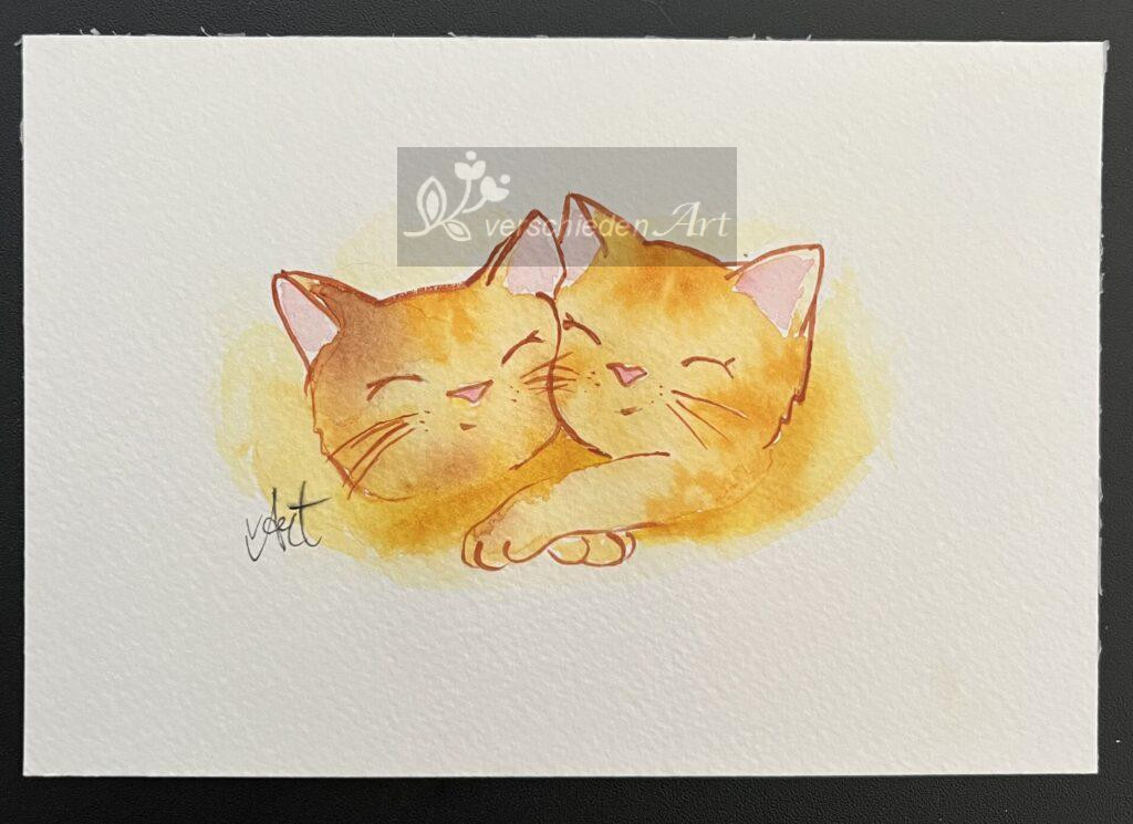 Aquarellbild Querformat: zwei rote Kätzchen, die mit geschlossenen Augen eng aneinandergekuschelt miteiander schmusen