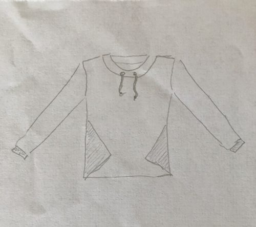Schnittmusterzeichnung von dem Sweater Pullover wie er werden sollte und geworden ist.